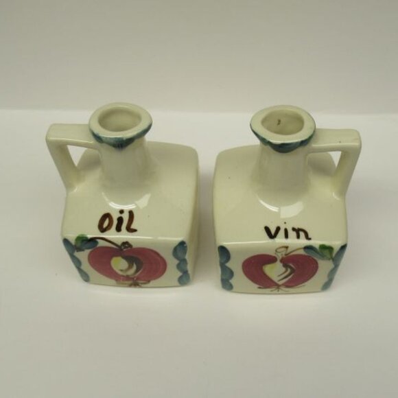 Purinton Pottery Slip Ware OPEN APPLE 4 3/4 Inch OIL and VINEGAR Cruets, Pair - Picture 3 of 5